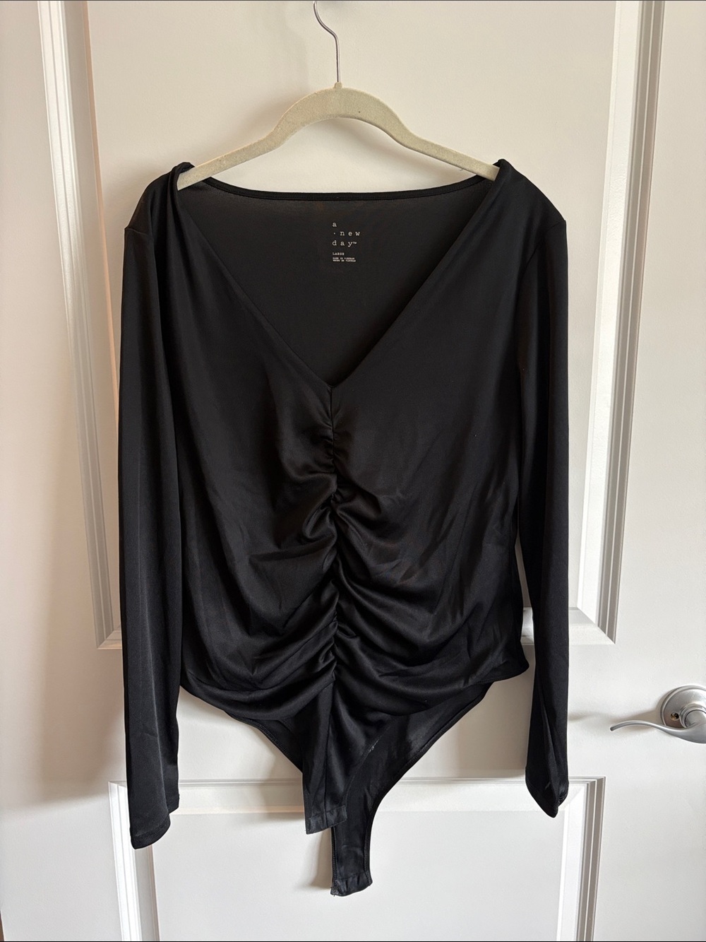 a new day Black Ruched V-Neck Long-Sleeve Bodysuit